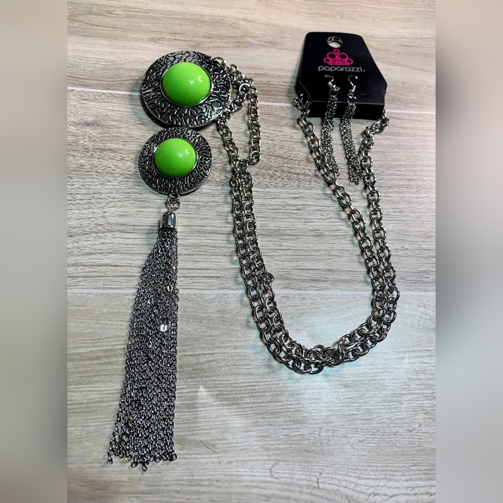 paparazzi Silver-Tone Necklace with Neon Green Accents and Tassel